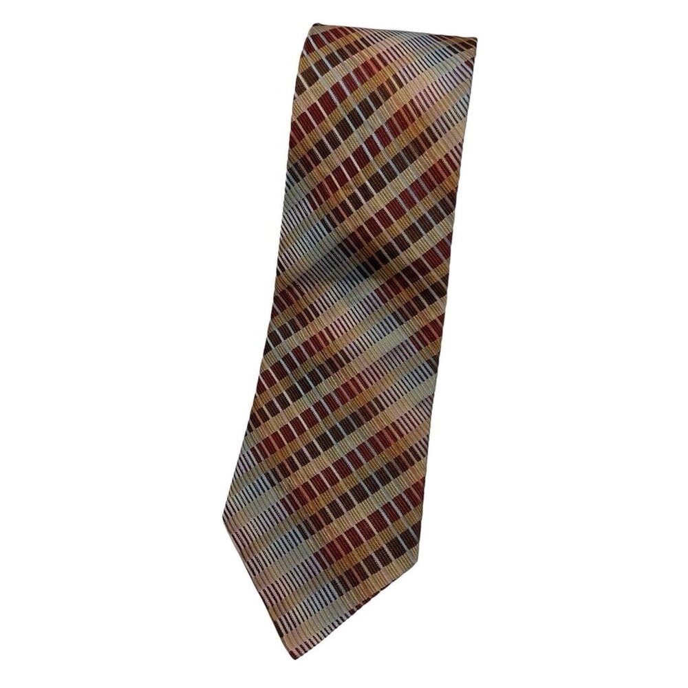 SERICA Men's Silk Necktie LUXURY Tie Navy Brown Beige Geometric W:4" EUC